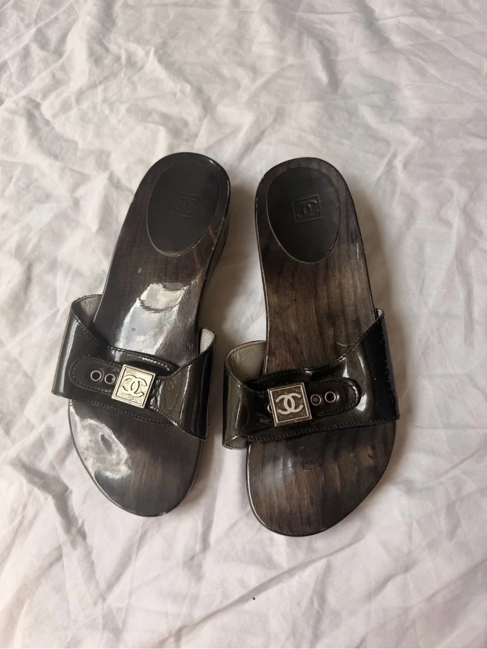 Vintage CHANEL Black Patent Slide Mules with Logo Buckle